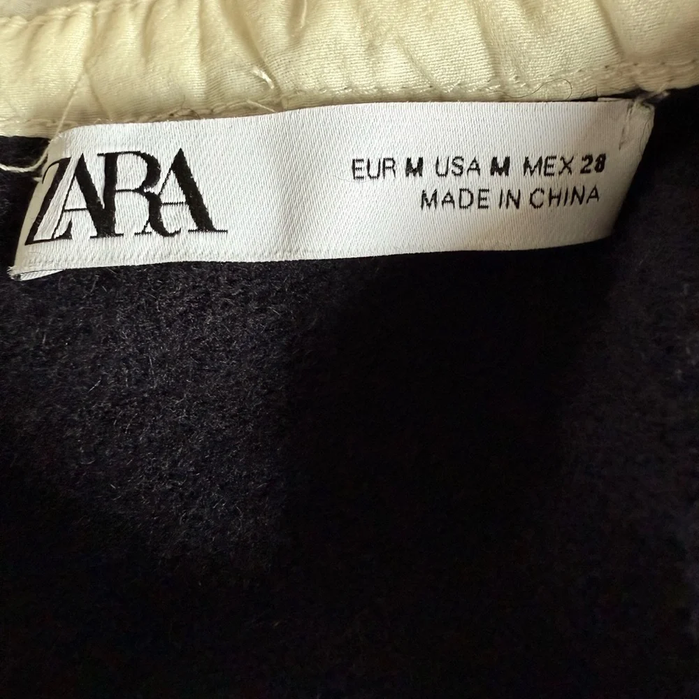 ZARA Navy Blue Rhinestone Trim Peter Pan Pointelle Collar Knit Sweater size M
